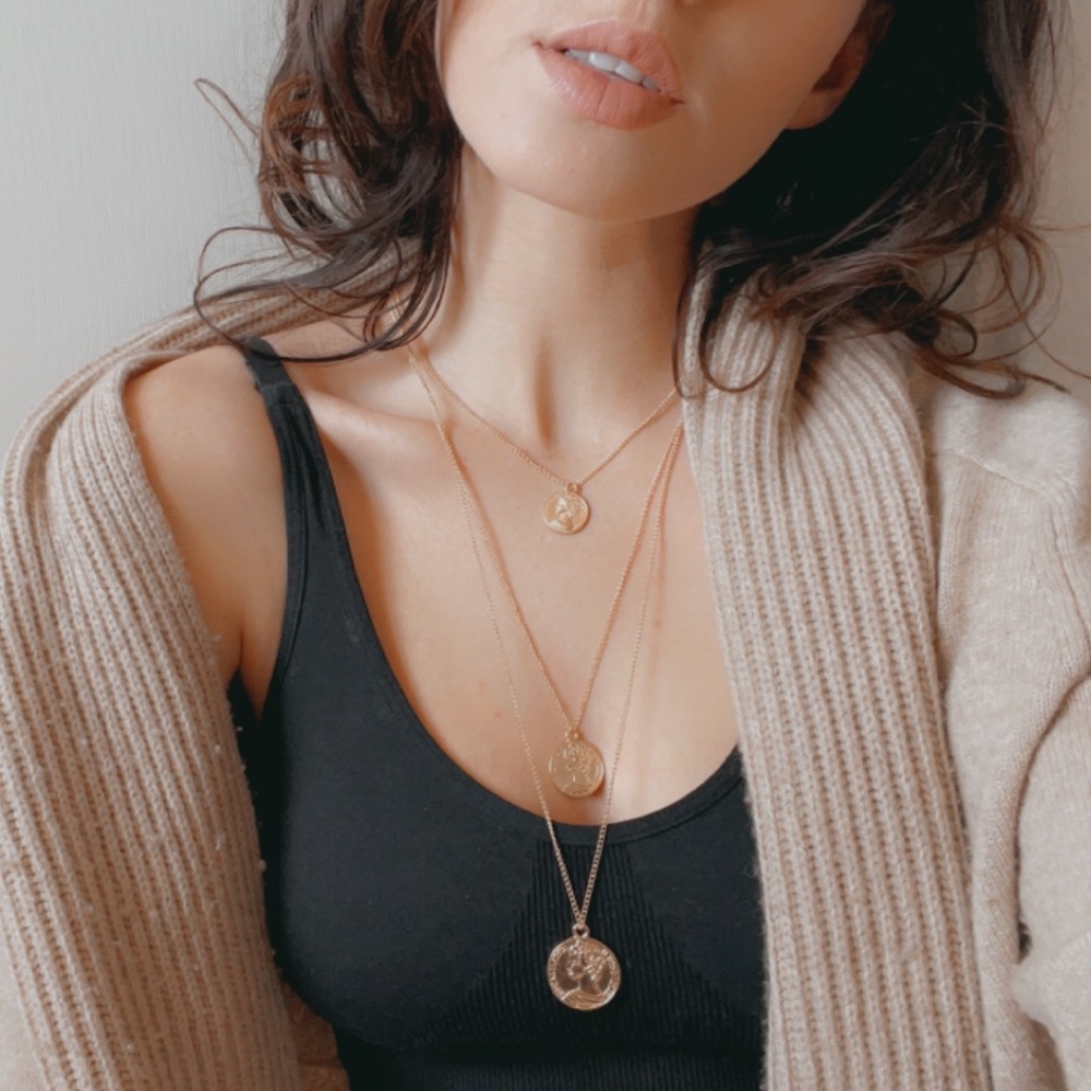 Three tier gold coin chain necklace